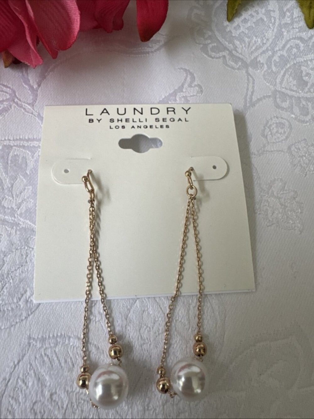 Laundry Shelli Segal Goldtone Dangling Chain Pearl Bead Earrings 2 3/4" NEW